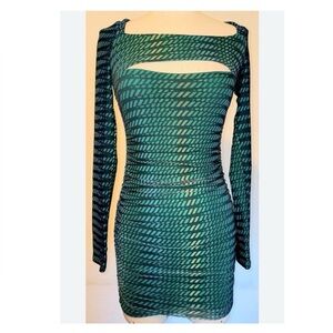 Oh Polly Rip Ride long sleeve bodycon mini dress in green / blue striped NWT 8